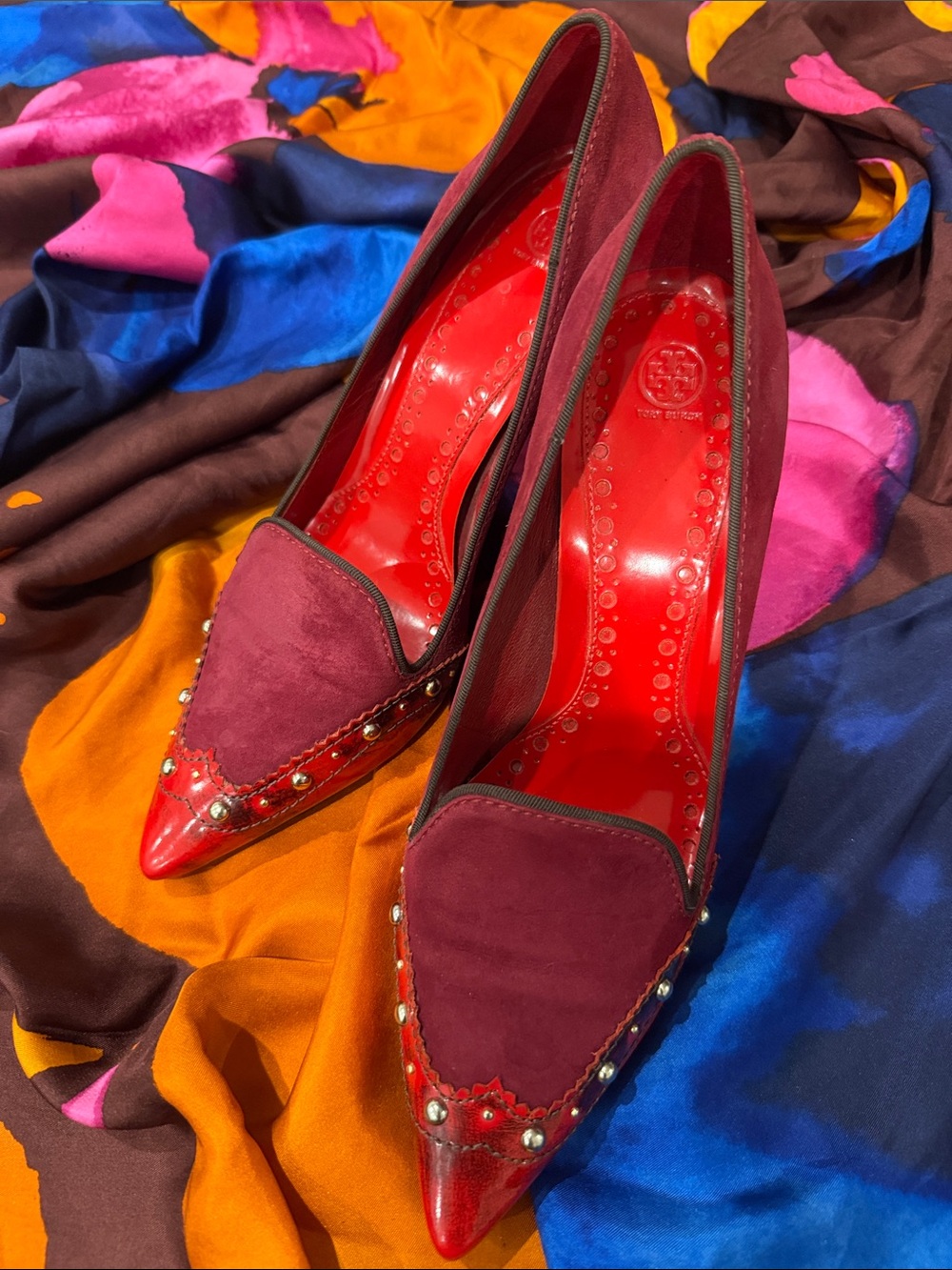 Tory Burch Burgundy Suede and Red Leather Pointed Heel with Studs